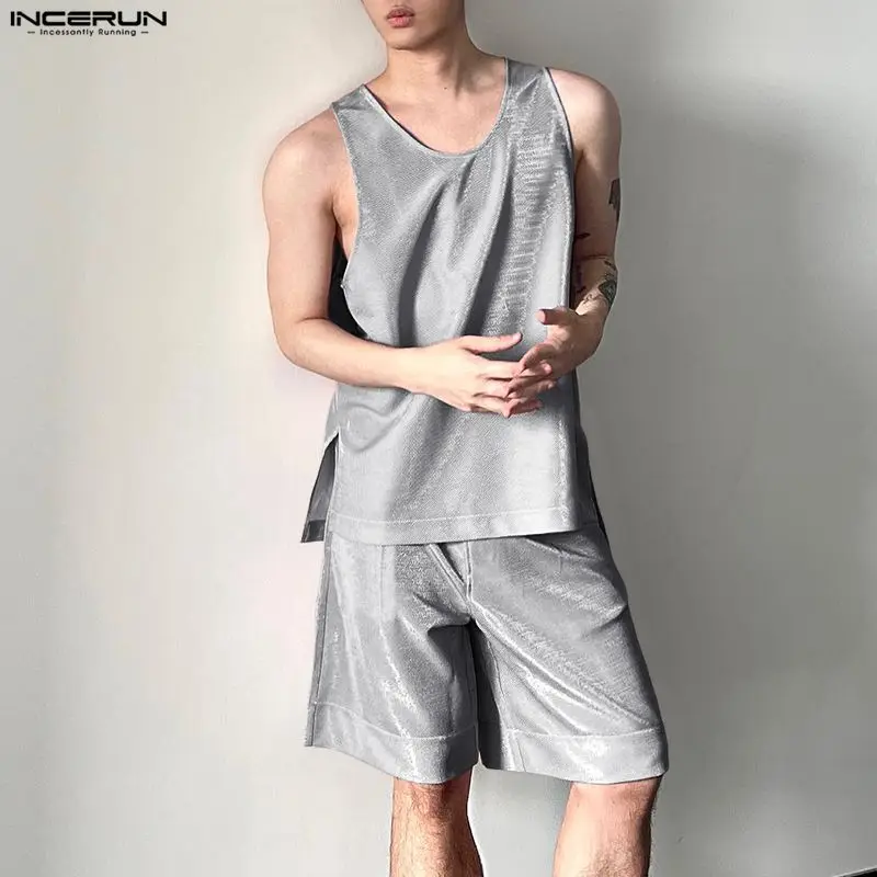 Men'S Fashion For 2026 - INCERUN Męskie Komplety Błyszczące Gładkie Bezrękawniki